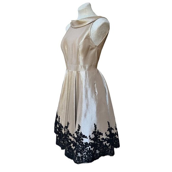 Mac Duggal Formal Dress Tea Length Champagne Taffeta Black Lace Trim Fit & Flare - Picture 2 of 16